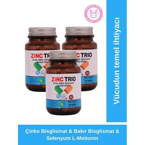 ZINC TRIO 60 3’LÜ PAKET Çinko, Bakır, Selenyum içeren tablet