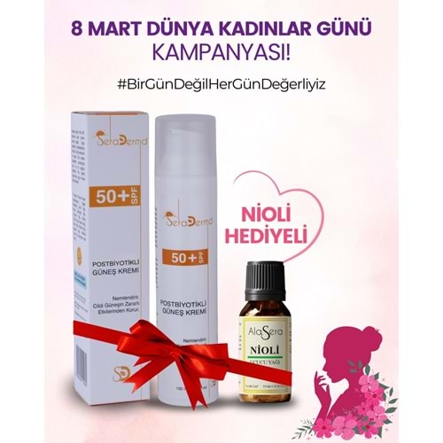 SERADERMA POSTBİYOTİKLİ 50+SPF GÜNEŞ KREMİ 100 ML NİOLİ 10 ML HEDİYELİ